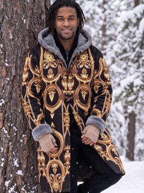 Baroque Cotton Jacket Gold Black Hooded Size XL Rococo Couture Versailles Coat